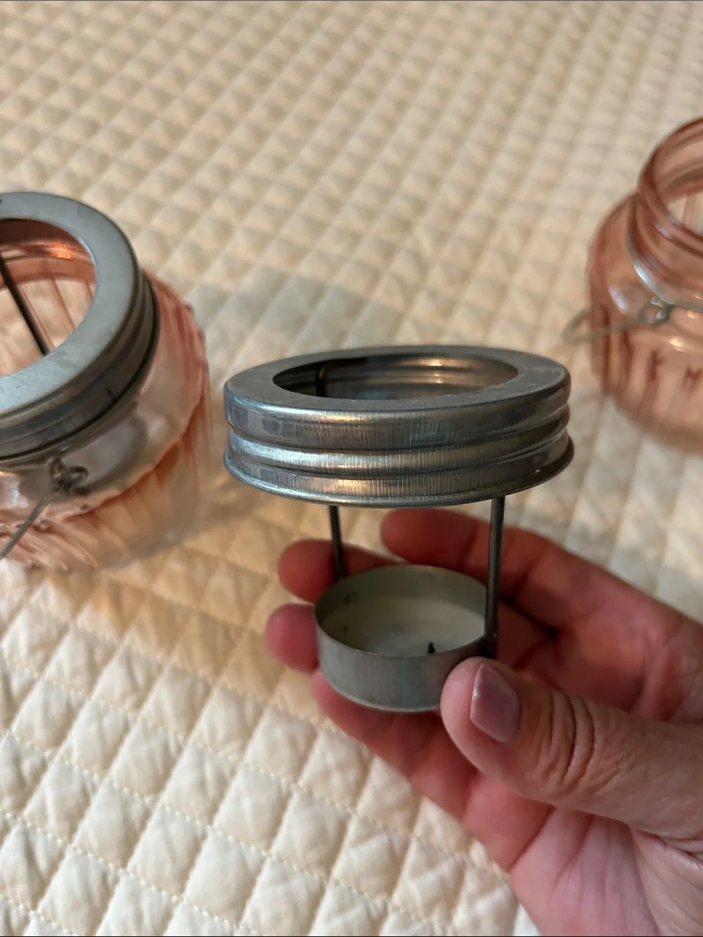 Set of Two Pink Glass Lanterns with Metal Lids and Handles